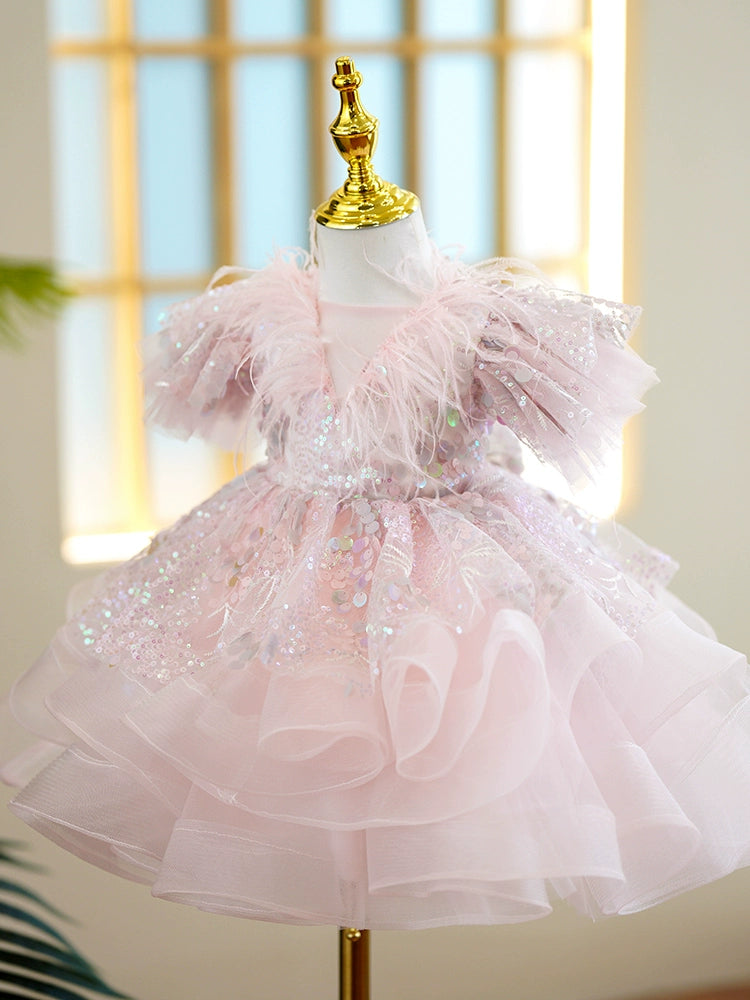 Princess Pink Organza Back Zip Baptism Sequins Tea Length Short Sleeve Puff Sleeve Round Flower Girl Dress