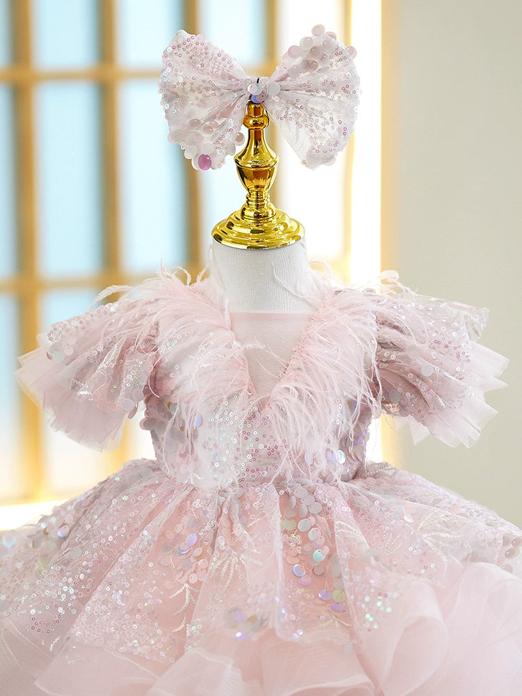 Princess Pink Organza Back Zip Baptism Sequins Tea Length Short Sleeve Puff Sleeve Round Flower Girl Dress
