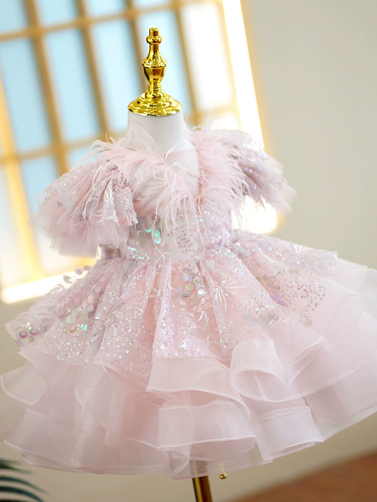 Princess Pink Organza Back Zip Baptism Sequins Tea Length Short Sleeve Puff Sleeve Round Flower Girl Dress