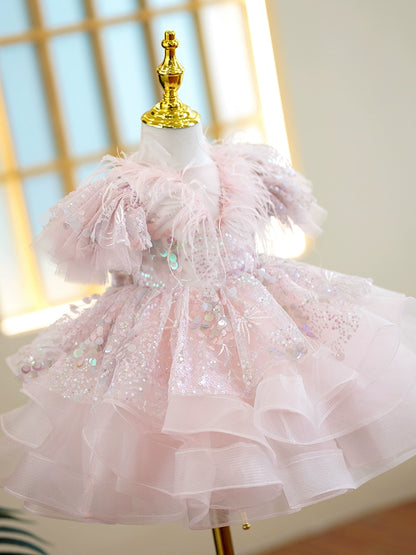 Princess Pink Organza Back Zip Baptism Sequins Tea Length Short Sleeve Puff Sleeve Round Flower Girl Dress