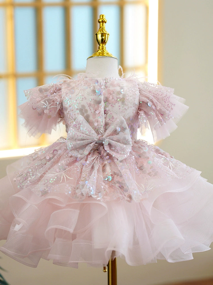 Princess Pink Organza Back Zip Baptism Sequins Tea Length Short Sleeve Puff Sleeve Round Flower Girl Dress