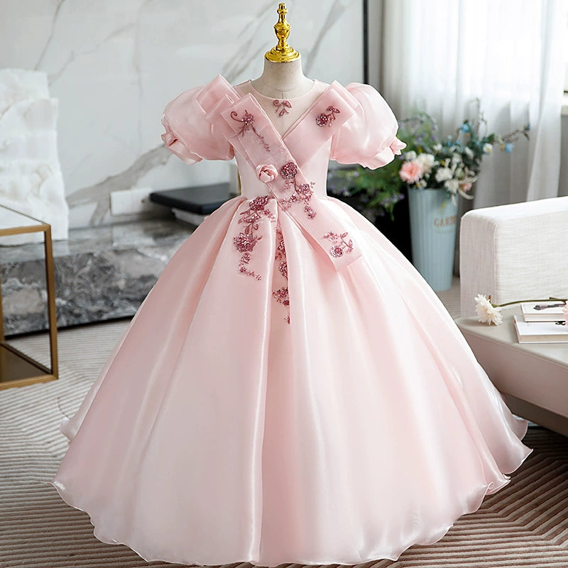 Princess Pink Organza Crossed Straps Baptism Beaded Floor Length Short Sleeve Puff Sleeve Round Flower Girl Dress