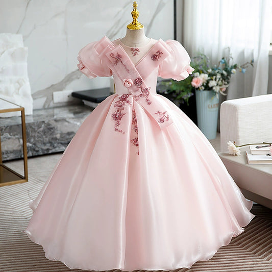 Princess Pink Organza Crossed Straps Baptism Beaded Floor Length Short Sleeve Puff Sleeve Round Flower Girl Dress
