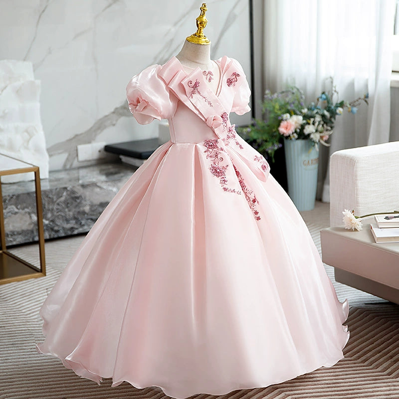 Princess Pink Organza Crossed Straps Baptism Beaded Floor Length Short Sleeve Puff Sleeve Round Flower Girl Dress