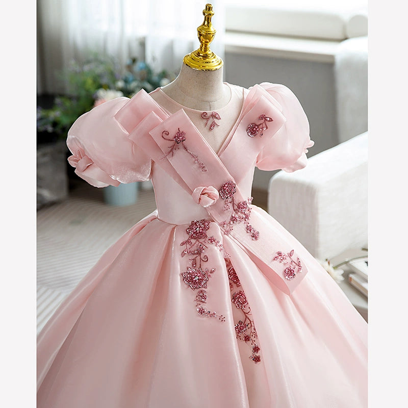 Princess Pink Organza Crossed Straps Baptism Beaded Floor Length Short Sleeve Puff Sleeve Round Flower Girl Dress