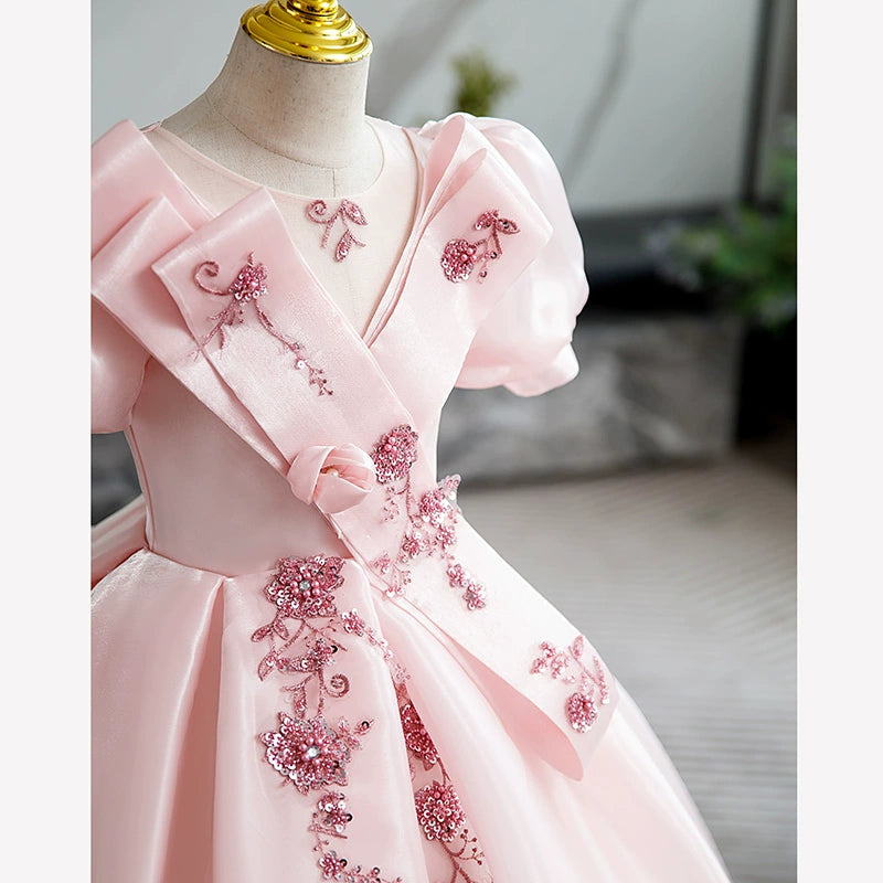 Princess Pink Organza Crossed Straps Baptism Beaded Floor Length Short Sleeve Puff Sleeve Round Flower Girl Dress