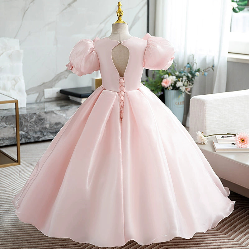 Princess Pink Organza Crossed Straps Baptism Beaded Floor Length Short Sleeve Puff Sleeve Round Flower Girl Dress