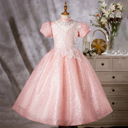 Princess Pink Organza Crossed Straps Baptism Lace Floor Length Short Sleeve Puff Sleeve Mock Neck Flower Girl Dress