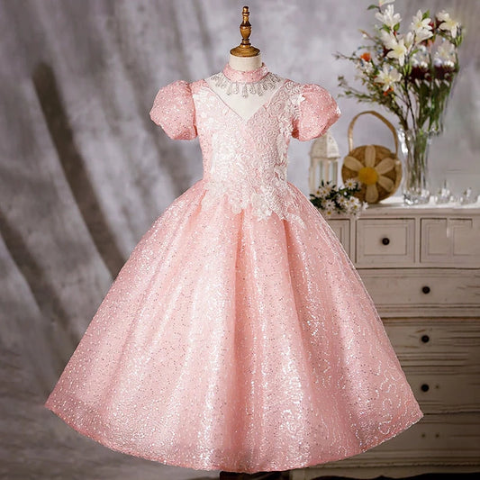 Princess Pink Organza Crossed Straps Baptism Lace Floor Length Short Sleeve Puff Sleeve Mock Neck Flower Girl Dress