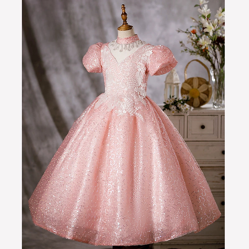 Princess Pink Organza Crossed Straps Baptism Lace Floor Length Short Sleeve Puff Sleeve Mock Neck Flower Girl Dress