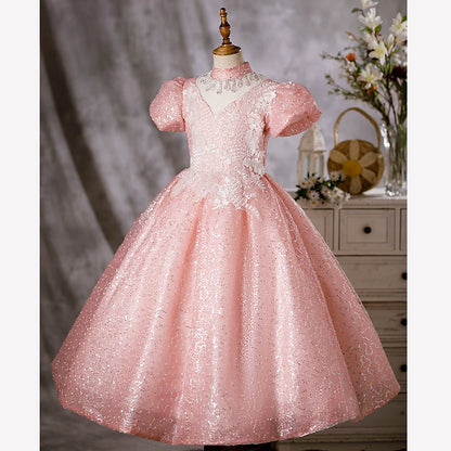 Princess Pink Organza Crossed Straps Baptism Lace Floor Length Short Sleeve Puff Sleeve Mock Neck Flower Girl Dress