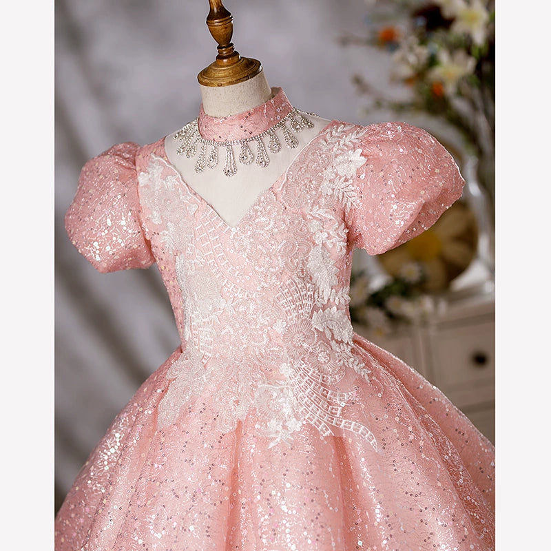Princess Pink Organza Crossed Straps Baptism Lace Floor Length Short Sleeve Puff Sleeve Mock Neck Flower Girl Dress