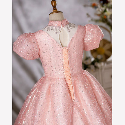 Princess Pink Organza Crossed Straps Baptism Lace Floor Length Short Sleeve Puff Sleeve Mock Neck Flower Girl Dress