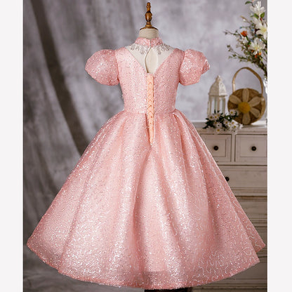 Princess Pink Organza Crossed Straps Baptism Lace Floor Length Short Sleeve Puff Sleeve Mock Neck Flower Girl Dress