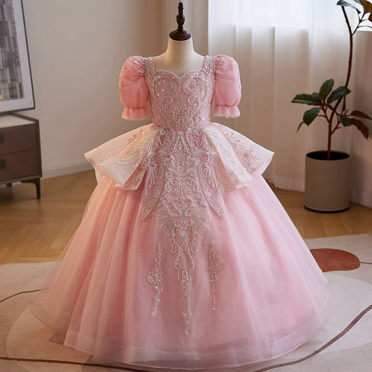 Princess Pink Organza Crossed Straps Baptism Lace Floor Length Short Sleeve Puff Sleeve Sweetheart Flower Girl Dress
