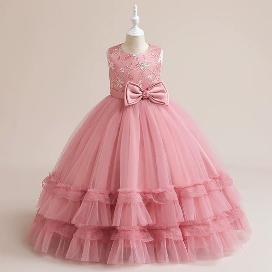 Princess Pink Satin Back Zip Baptism Bow(s) Floor Length Sleeveless Round Flower Girl Dress