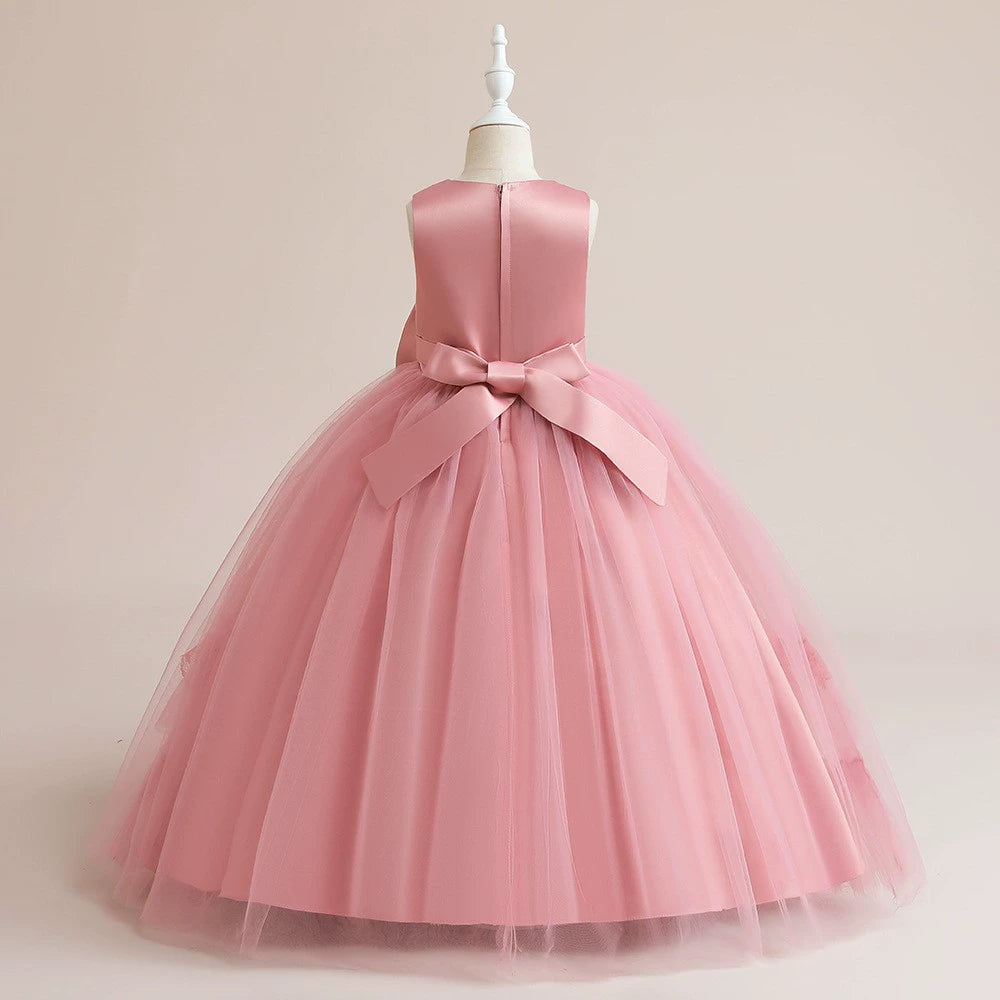 Princess Pink Satin Back Zip Baptism Bow(s) Floor Length Sleeveless Round Flower Girl Dress