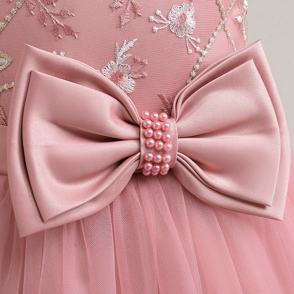 Princess Pink Satin Back Zip Baptism Bow(s) Floor Length Sleeveless Round Flower Girl Dress
