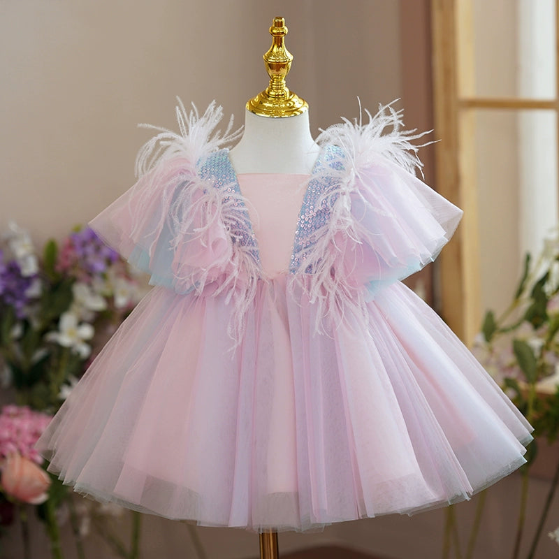 Princess Pink Satin Back Zip Baptism Bow(s) Tea Length Short Sleeve Square Flower Girl Dress