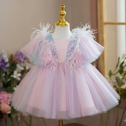 Princess Pink Satin Back Zip Baptism Bow(s) Tea Length Short Sleeve Square Flower Girl Dress