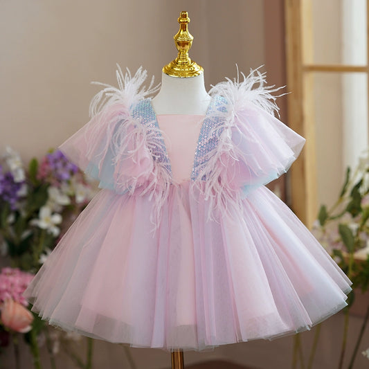 Princess Pink Satin Back Zip Baptism Bow(s) Tea Length Short Sleeve Square Flower Girl Dress