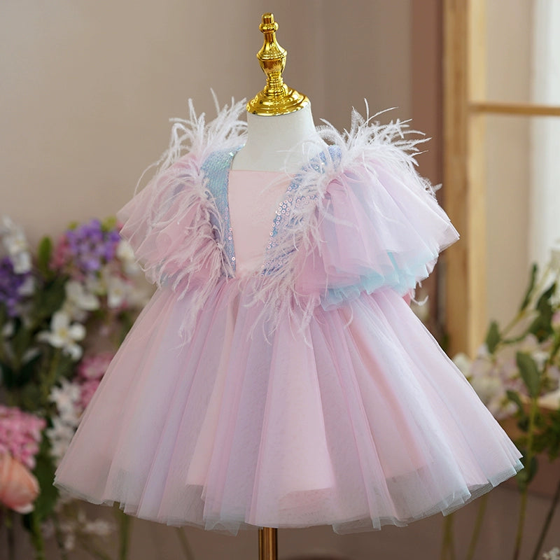 Princess Pink Satin Back Zip Baptism Bow(s) Tea Length Short Sleeve Square Flower Girl Dress