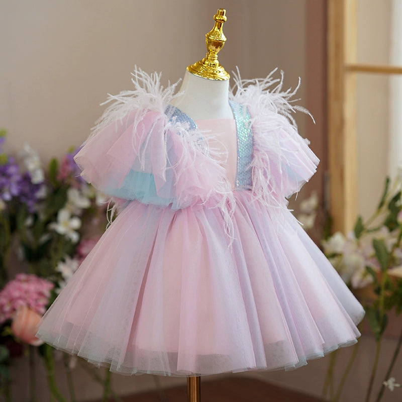 Princess Pink Satin Back Zip Baptism Bow(s) Tea Length Short Sleeve Square Flower Girl Dress