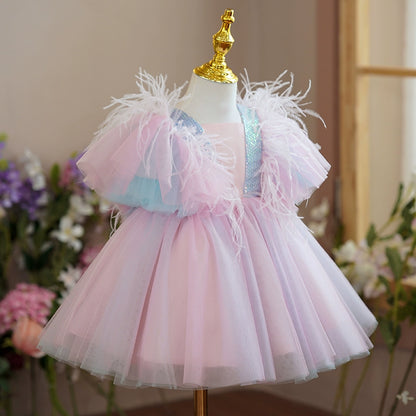 Princess Pink Satin Back Zip Baptism Bow(s) Tea Length Short Sleeve Square Flower Girl Dress