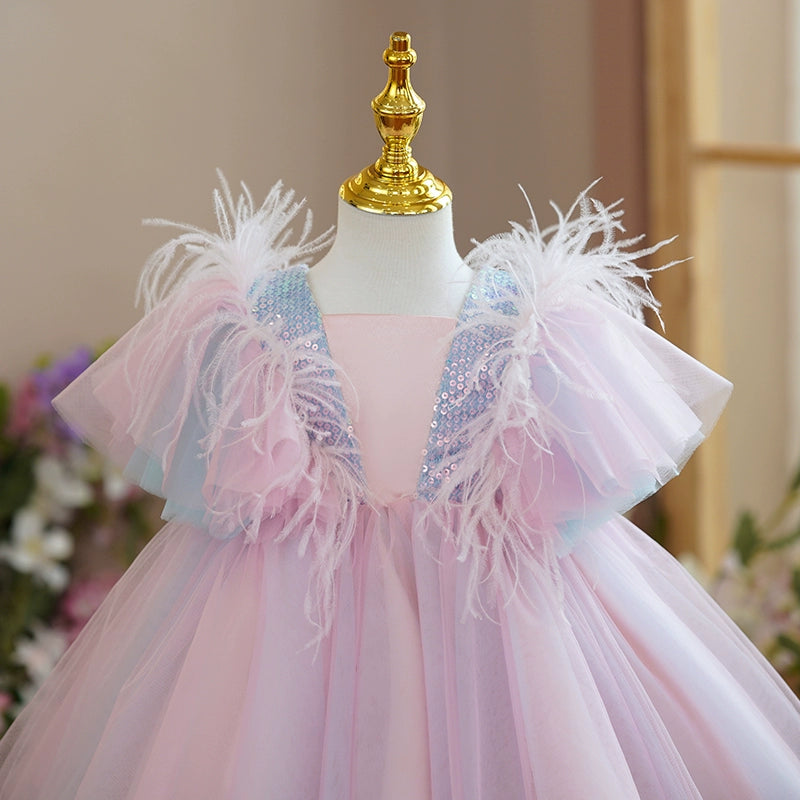 Princess Pink Satin Back Zip Baptism Bow(s) Tea Length Short Sleeve Square Flower Girl Dress