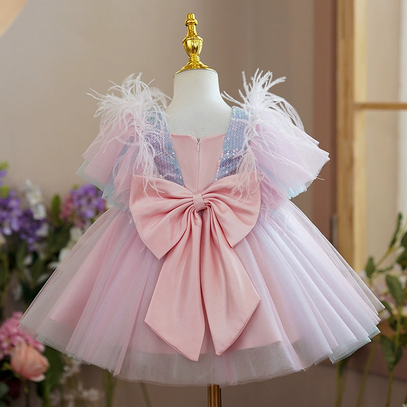 Princess Pink Satin Back Zip Baptism Bow(s) Tea Length Short Sleeve Square Flower Girl Dress