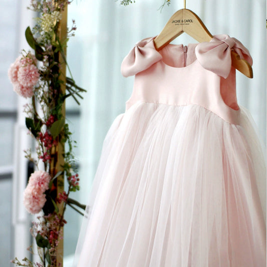 Princess Pink Satin Back Zip Baptism Bow(s) Tea Length Sleeveless Round Flower Girl Dress
