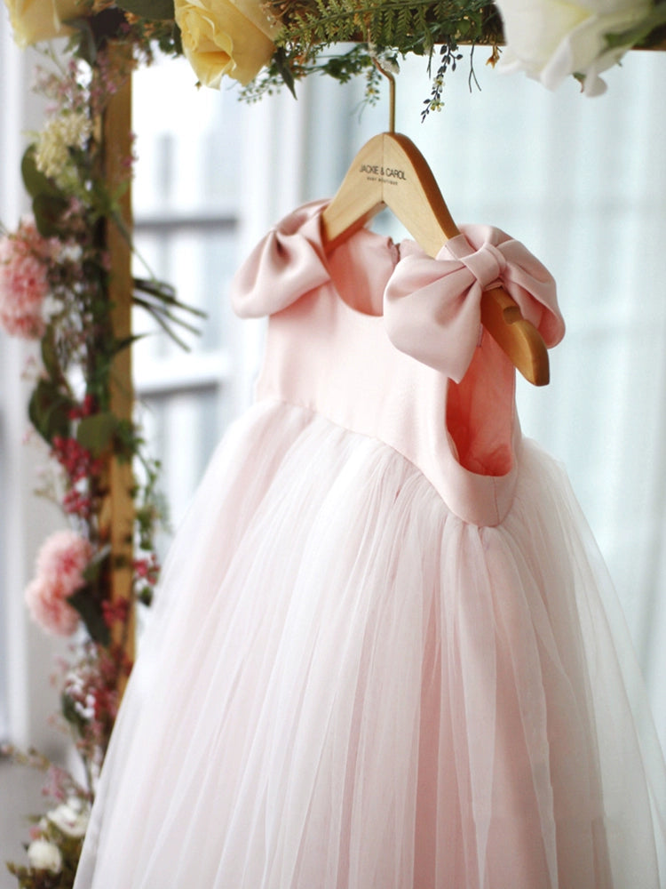 Princess Pink Satin Back Zip Baptism Bow(s) Tea Length Sleeveless Round Flower Girl Dress