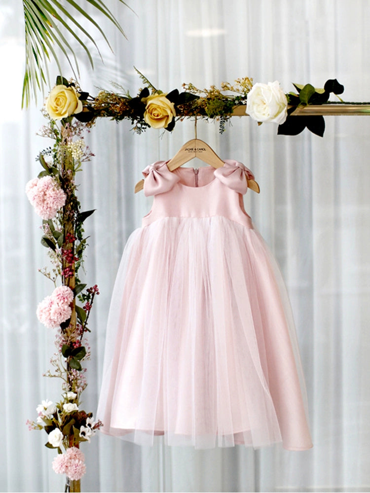 Princess Pink Satin Back Zip Baptism Bow(s) Tea Length Sleeveless Round Flower Girl Dress