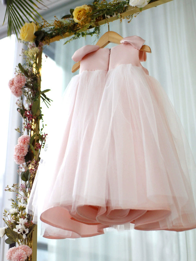 Princess Pink Satin Back Zip Baptism Bow(s) Tea Length Sleeveless Round Flower Girl Dress