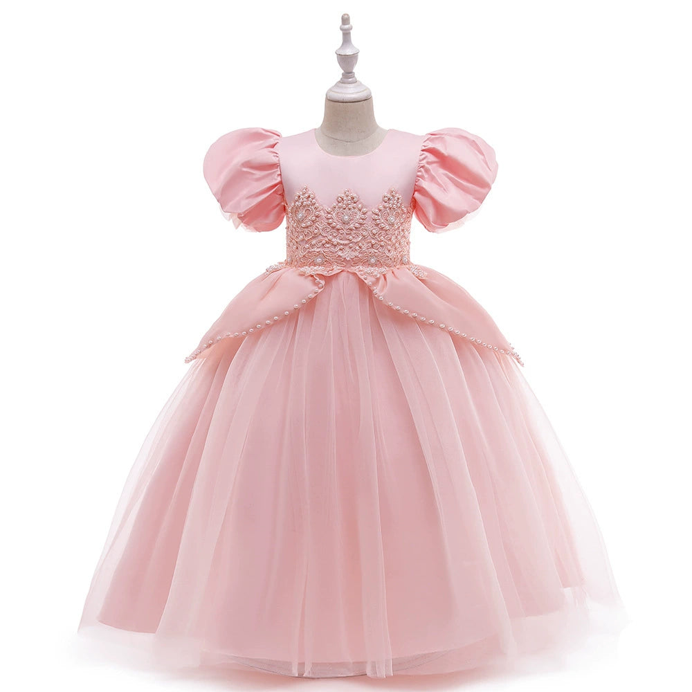 Princess Pink Satin Back Zip Baptism Lace Floor Length Short Sleeve Puff Sleeve Round Flower Girl Dress