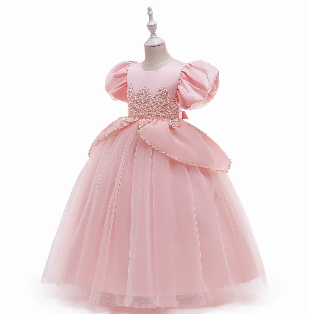 Princess Pink Satin Back Zip Baptism Lace Floor Length Short Sleeve Puff Sleeve Round Flower Girl Dress