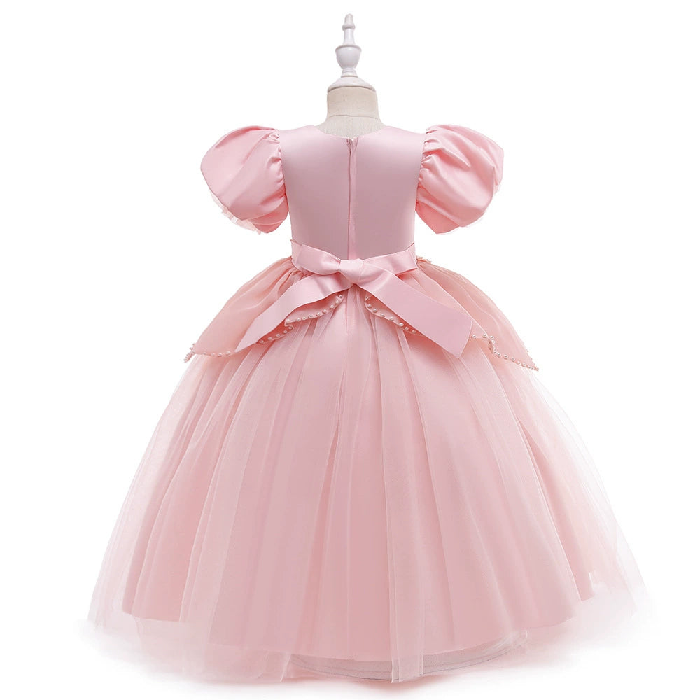 Princess Pink Satin Back Zip Baptism Lace Floor Length Short Sleeve Puff Sleeve Round Flower Girl Dress