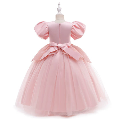 Princess Pink Satin Back Zip Baptism Lace Floor Length Short Sleeve Puff Sleeve Round Flower Girl Dress