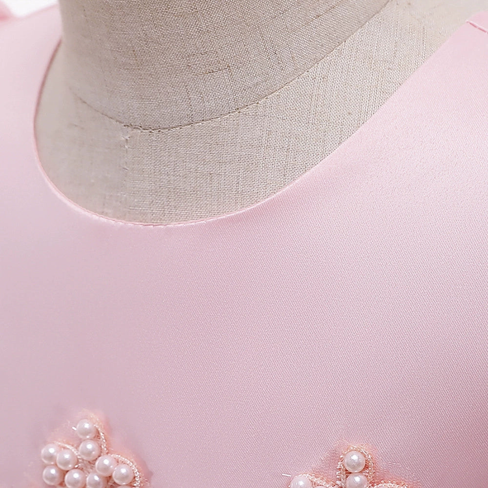 Princess Pink Satin Back Zip Baptism Lace Floor Length Short Sleeve Puff Sleeve Round Flower Girl Dress
