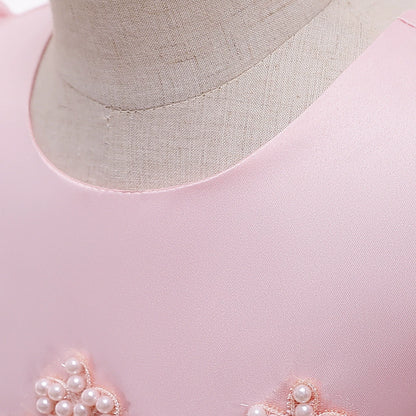 Princess Pink Satin Back Zip Baptism Lace Floor Length Short Sleeve Puff Sleeve Round Flower Girl Dress