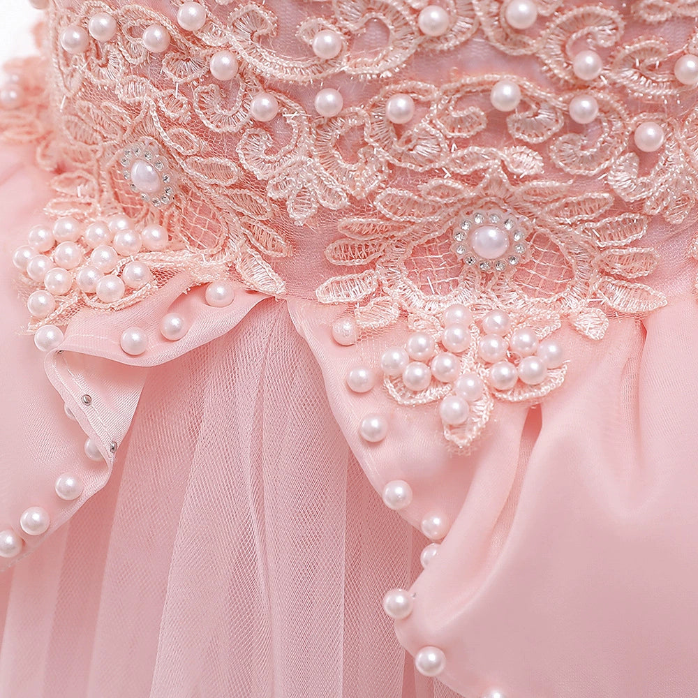 Princess Pink Satin Back Zip Baptism Lace Floor Length Short Sleeve Puff Sleeve Round Flower Girl Dress