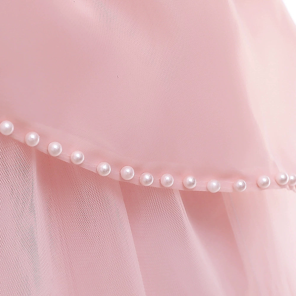 Princess Pink Satin Back Zip Baptism Lace Floor Length Short Sleeve Puff Sleeve Round Flower Girl Dress