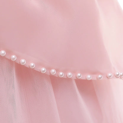 Princess Pink Satin Back Zip Baptism Lace Floor Length Short Sleeve Puff Sleeve Round Flower Girl Dress