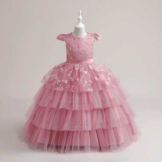 Princess Pink Satin Back Zip Baptism Sequins Floor Length Short Sleeve Cap Sleeve Round Flower Girl Dress