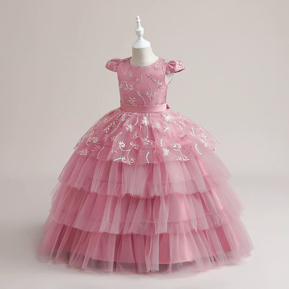 Princess Pink Satin Back Zip Baptism Sequins Floor Length Short Sleeve Cap Sleeve Round Flower Girl Dress