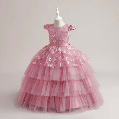 Princess Pink Satin Back Zip Baptism Sequins Floor Length Short Sleeve Cap Sleeve Round Flower Girl Dress