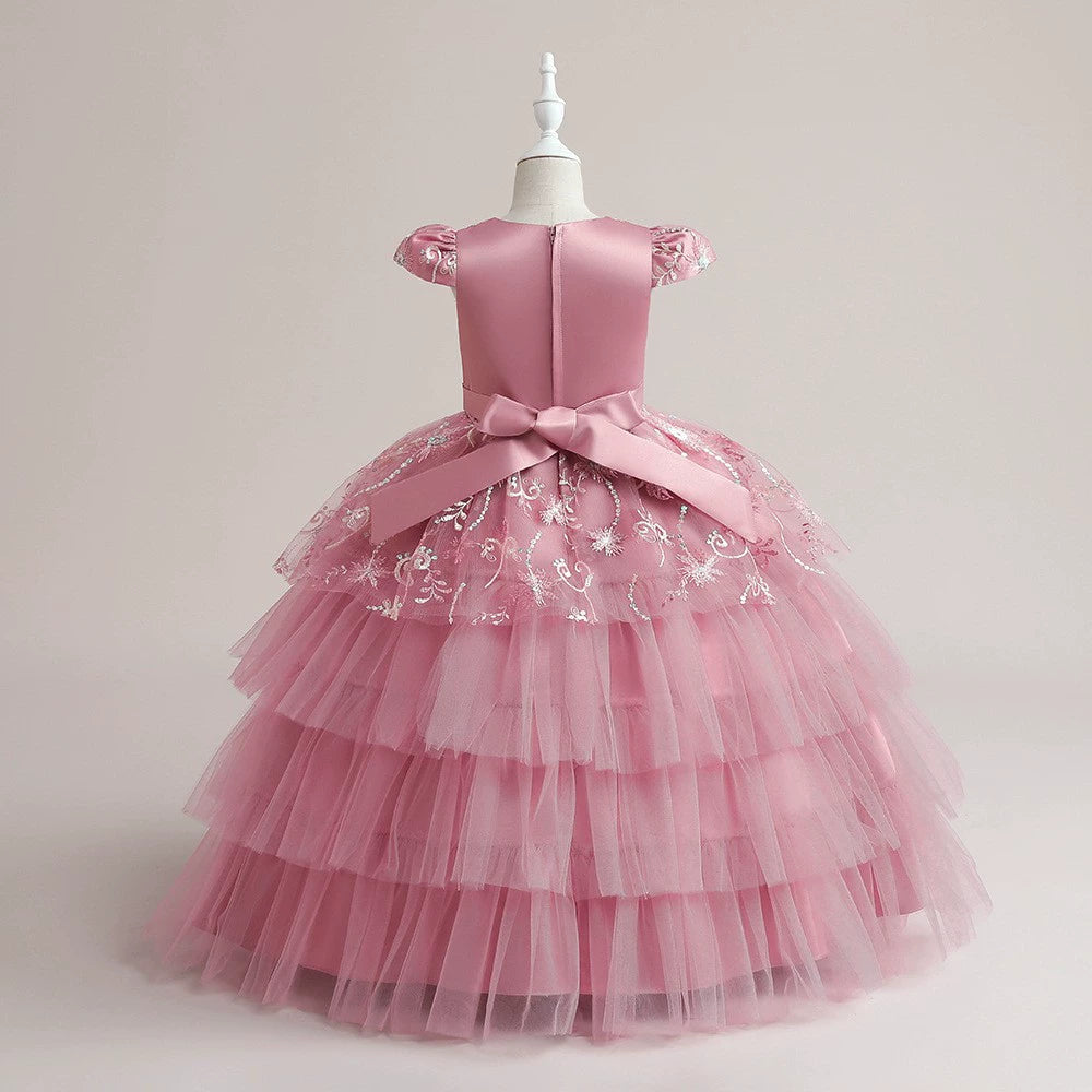 Princess Pink Satin Back Zip Baptism Sequins Floor Length Short Sleeve Cap Sleeve Round Flower Girl Dress