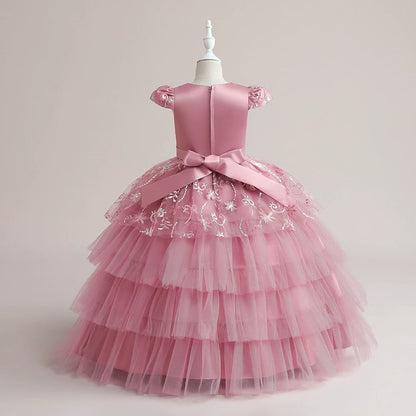Princess Pink Satin Back Zip Baptism Sequins Floor Length Short Sleeve Cap Sleeve Round Flower Girl Dress