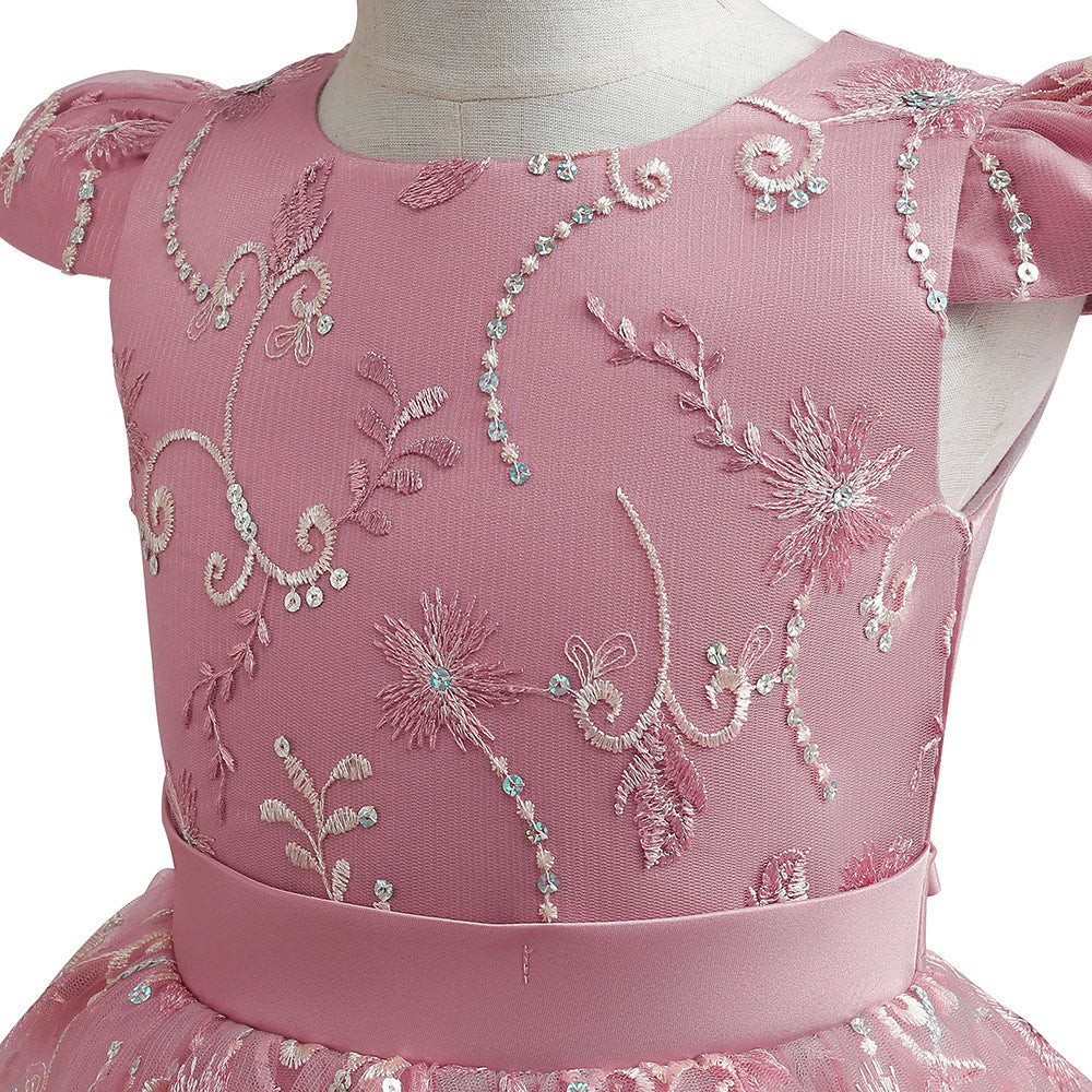Princess Pink Satin Back Zip Baptism Sequins Floor Length Short Sleeve Cap Sleeve Round Flower Girl Dress