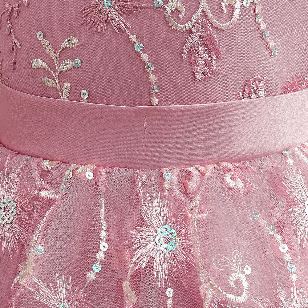 Princess Pink Satin Back Zip Baptism Sequins Floor Length Short Sleeve Cap Sleeve Round Flower Girl Dress